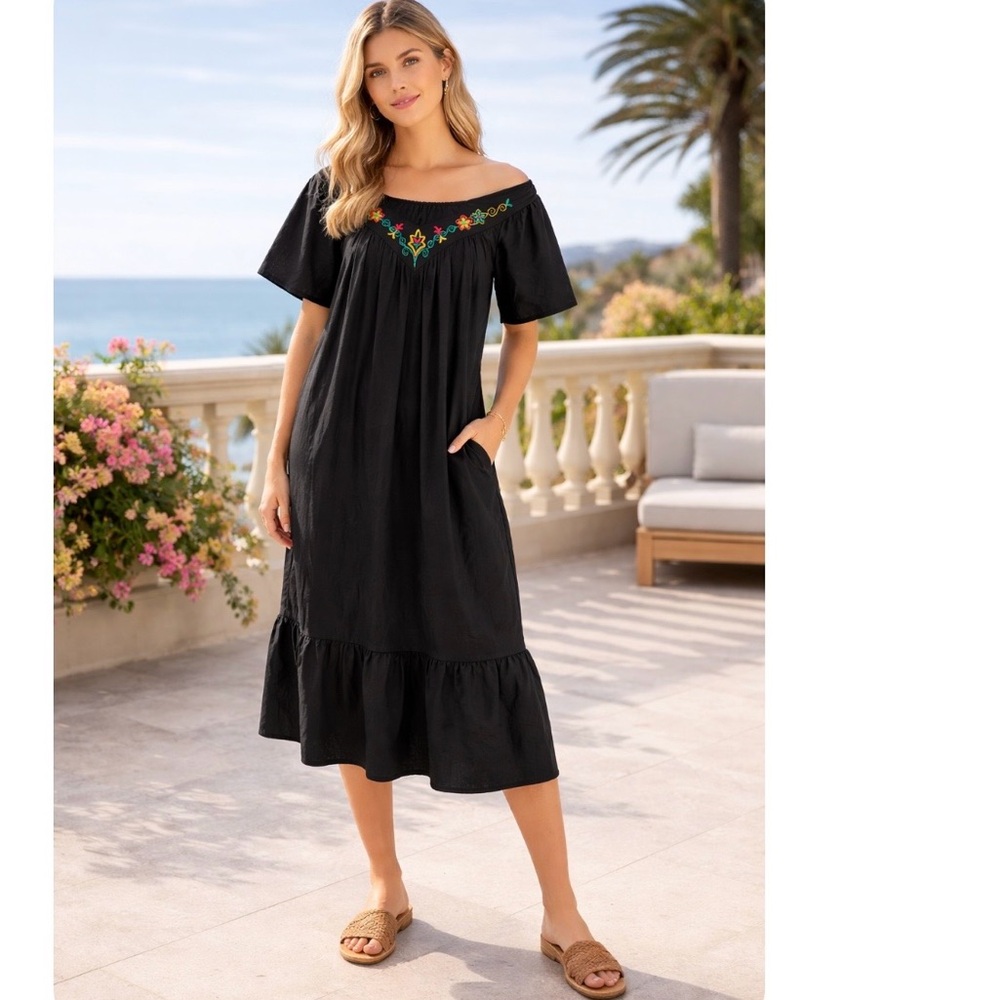 Granada Black Midi Dress with Floral Embroidery